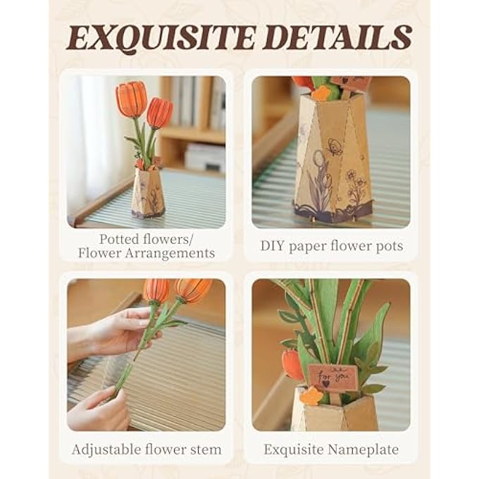 ORANGE TULIP 3D WOODEN PUZZLE, ARTIFICIAL FLOWERS MODEL KITS FOR ADULTS TO BUILD, CREATIVE HOME DECOR, ACCESSORIES LIVING ROOM, GIFTS FOR WOMEN ON VALENTINE'S DAY, FLOWER BOUQUET - Image 3